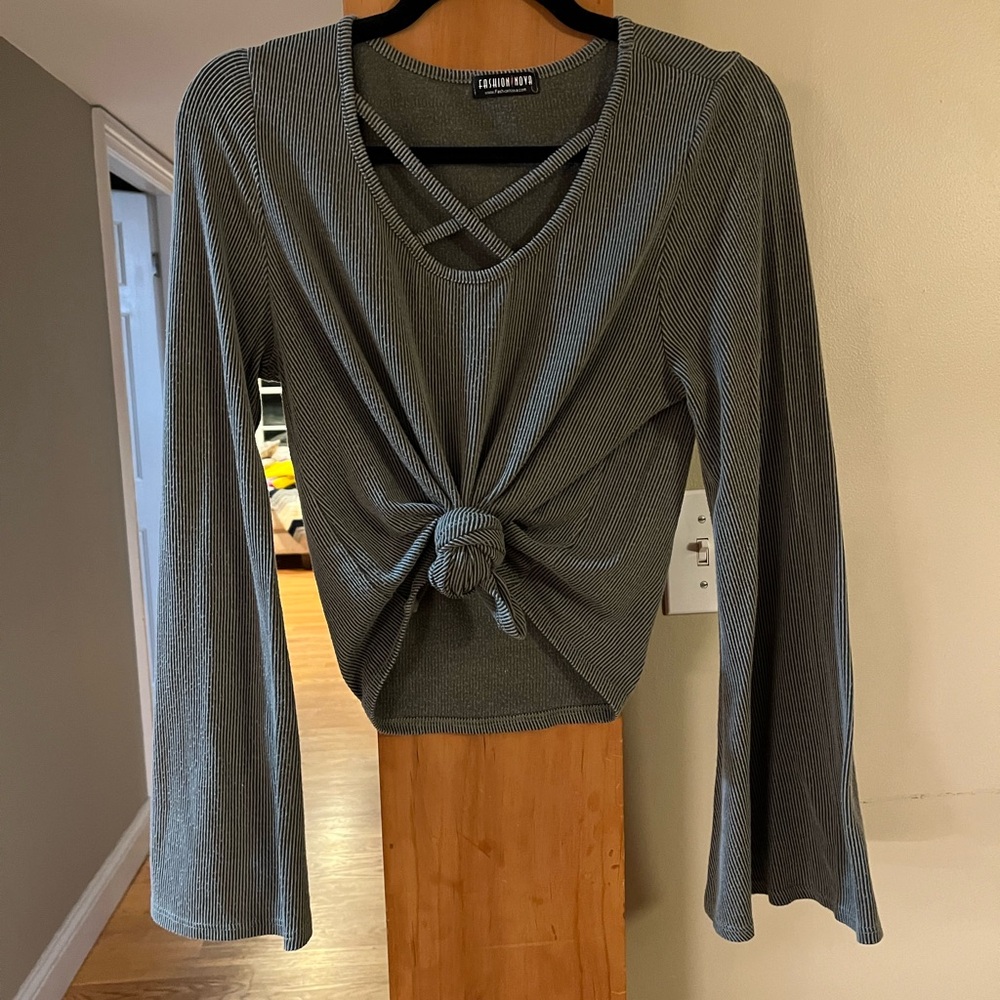 Olive Green Cross Front Ribbed Top